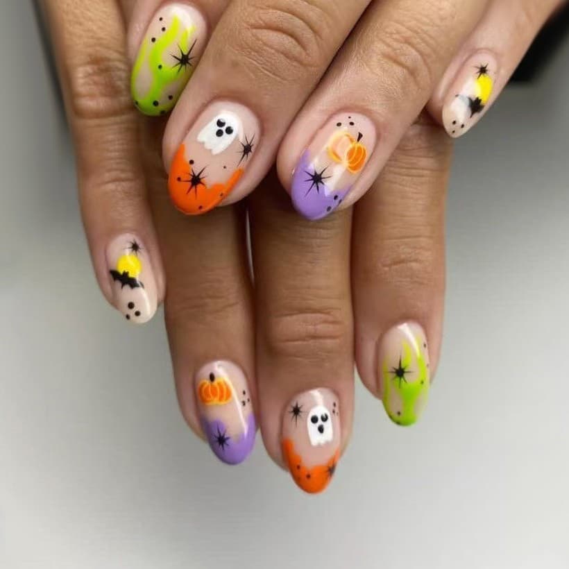 Halloween short square and round wearable nails, colorful little ghost spider spider web nails, niche French finished nail art