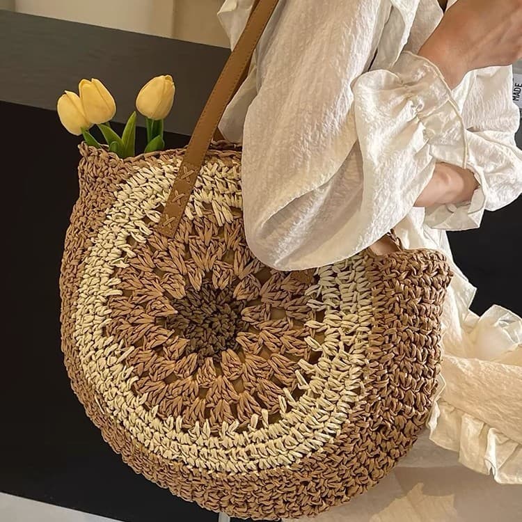 New Paper Rope Hollow-Out Colorful Large Round Straw Bag Casual Beach Bag Shoulder Fashion Woven Bag Women's Bag