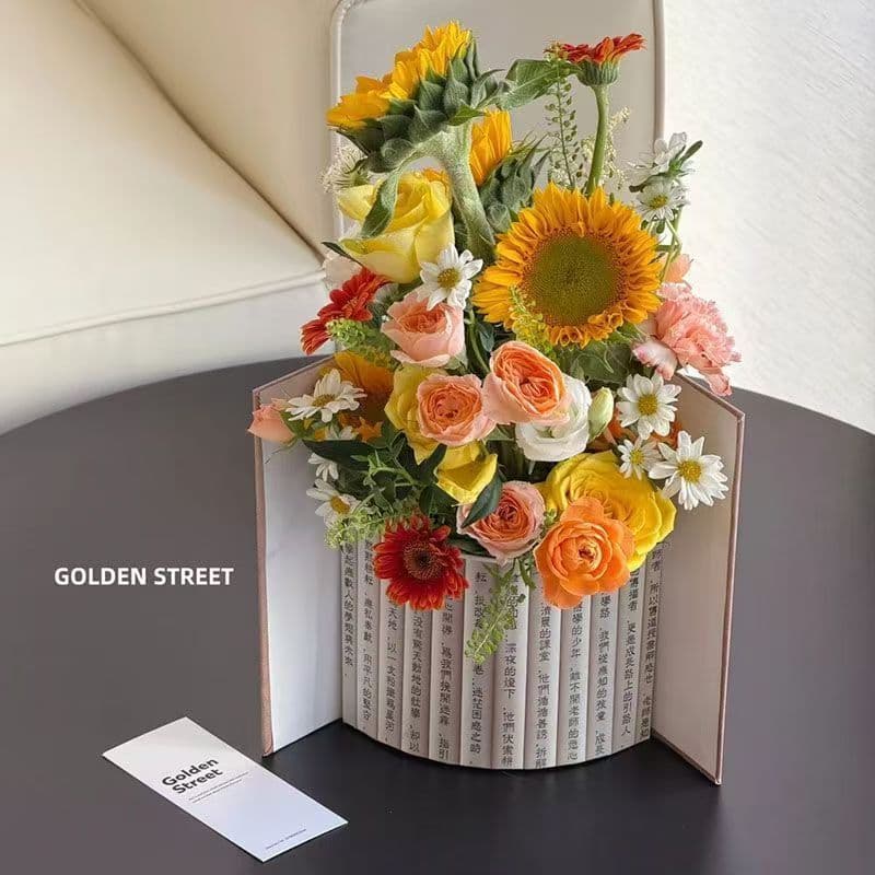 Trending Book-Shaped Flower Bucket, Teacher's Day Gift Flower Box, Art Paper Gold-Foil Floral Gift Box, Teacher Gift Flower Arrangement