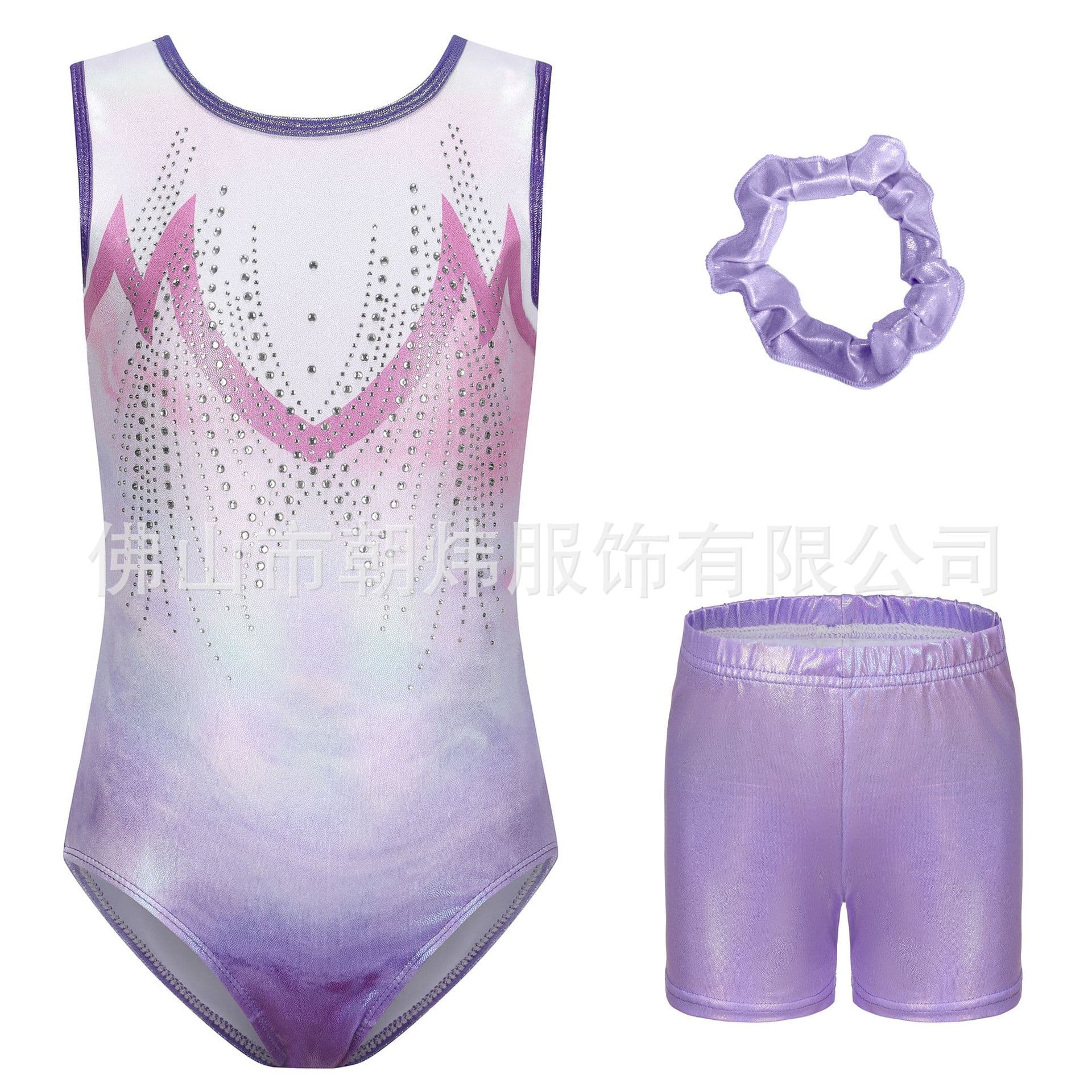 Children's Gymnastics Leotard Dance Performance Bodysuit Rhinestone Girls Practice Suit Shorts Headband Set