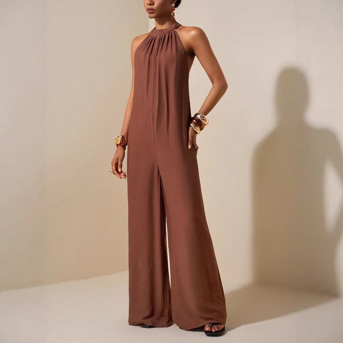 Hot-Selling 2026 New European and American Party Casual Jumpsuit, New High-Neck Halter Neck Solid Color Wide-Leg Jumpsuit