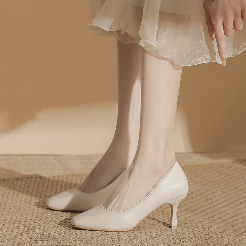 French-Style High Heels for Women, Soft Leather, 7cm Stiletto Heels, Comfortable Shallow Square-Toed Shoes, Extra Wide and Versatile