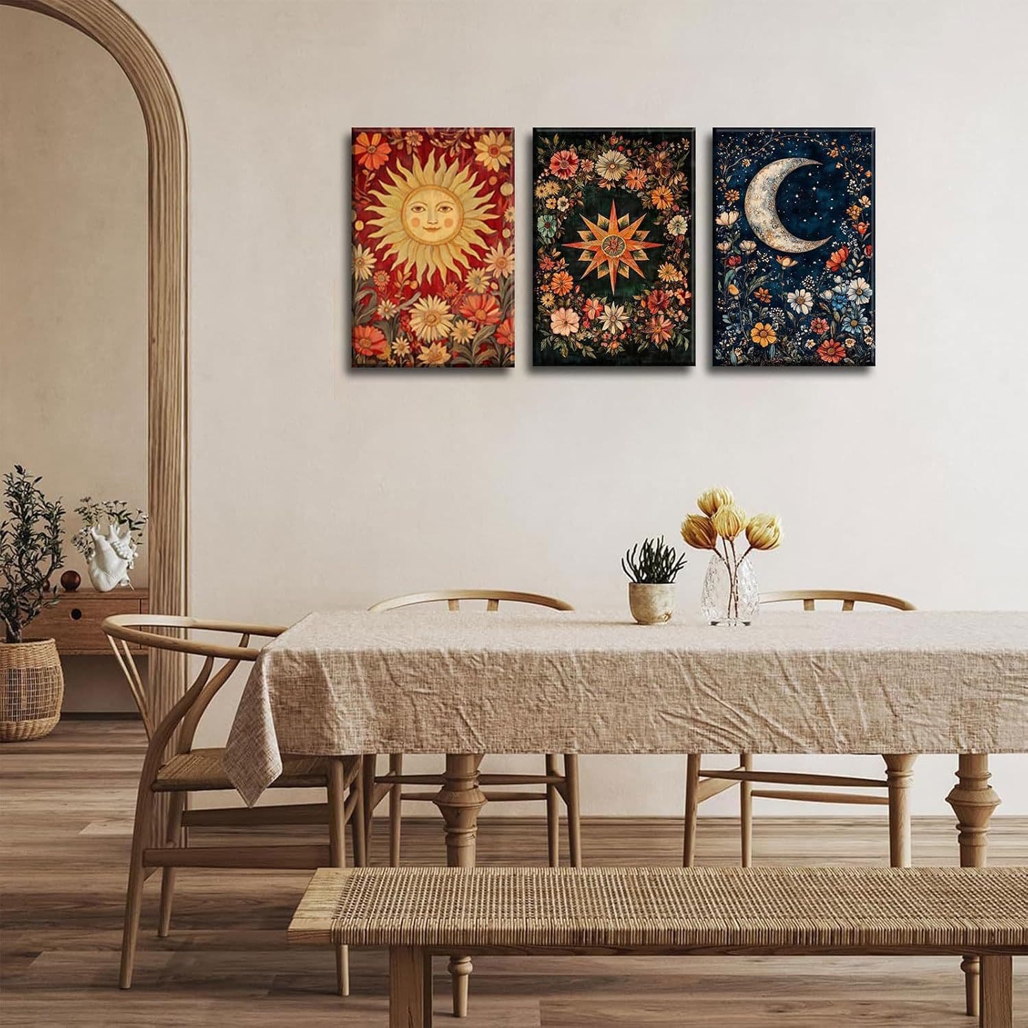 3 piece set of tarot canvas wall art sun and moon horoscope painting decorative painting astrology gothic wildflower star