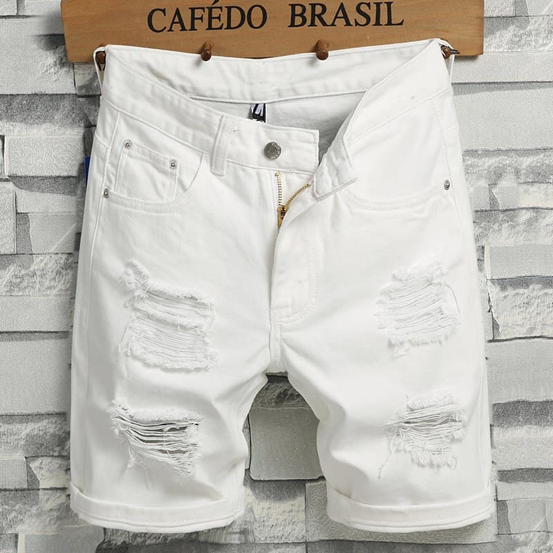 Men's Denim Shorts Summer Thin White Ripped Trendy Mid-Length Five-Point Denim Shorts for Men