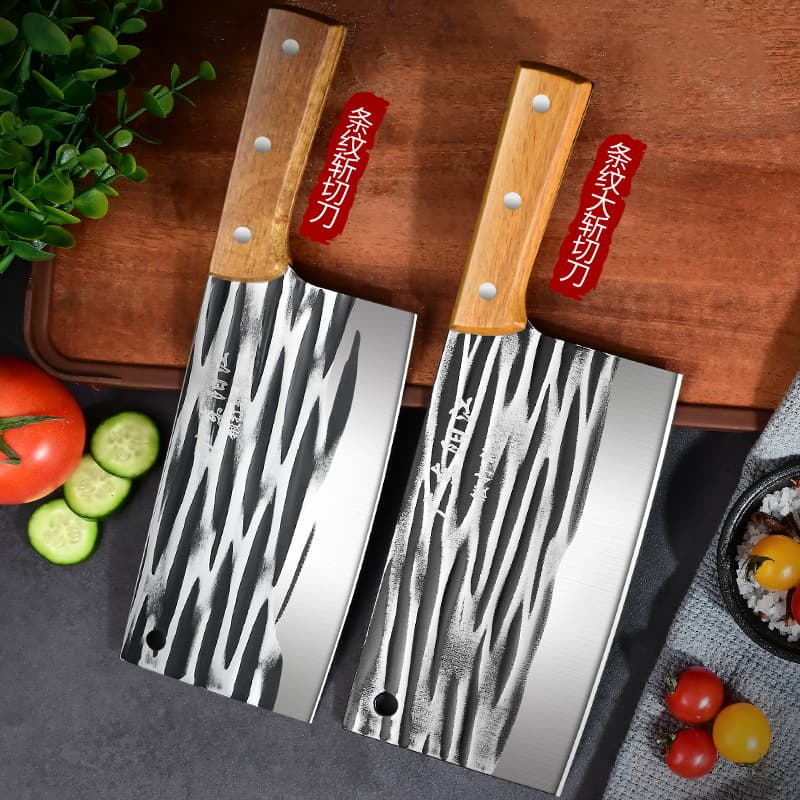 Guangdong Yangjiang Multi-Function Sharp Stripe Vegetable Knife Kitchen Hammered Forged Stainless Steel Chopping Knife Solid Wood Handle