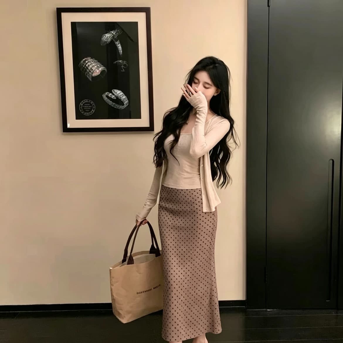 Pure lust style gentle suit summer thin cardigan + camisole + polka dot skirt three-piece set