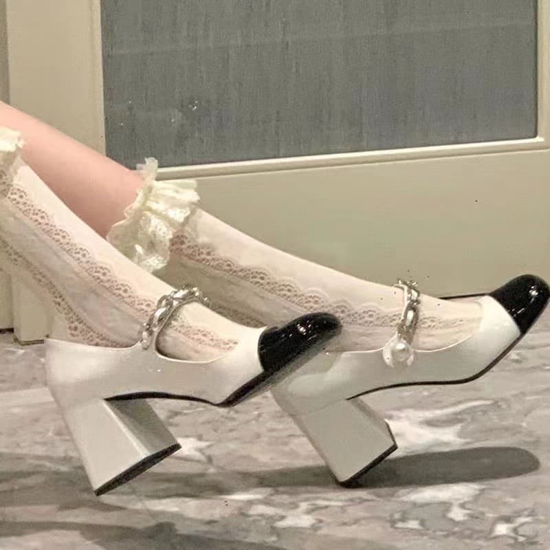 2025 New Round Toe High Heel Shoes Japanese JK Sweet Mary Jane Shoes Chunky Heel Pearl Buckle Strap Plus Size Women's Shoes