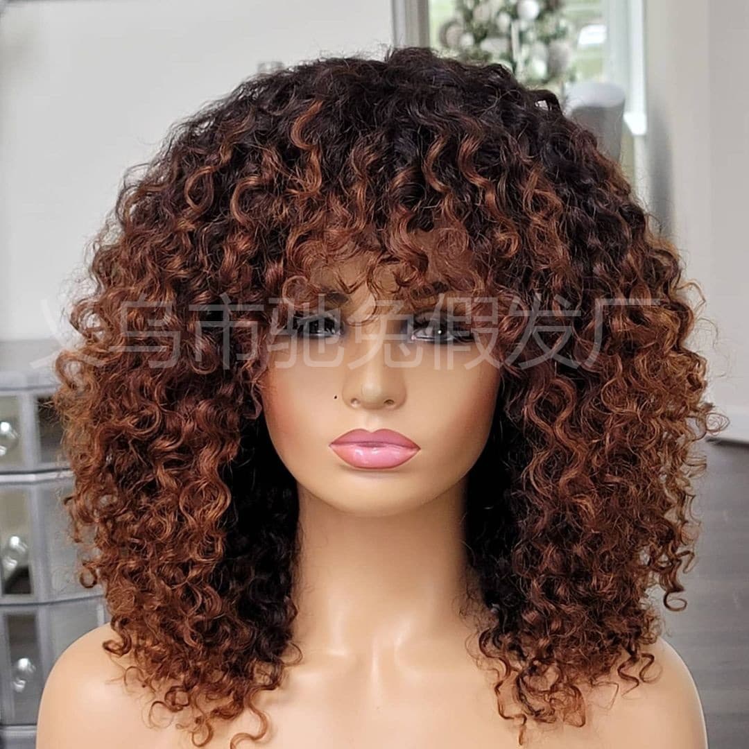 Cross-Border Hot Selling European and American Wig Women's African Small Curl Explosive Head Black Brown Long Curly Hair High Temperature Silk Fiber Wig Cap