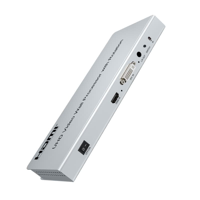 Video rotation and splicing processor with HDMI and DVI inputs; rotates 90 degrees, 180 degrees, and 270 degrees.