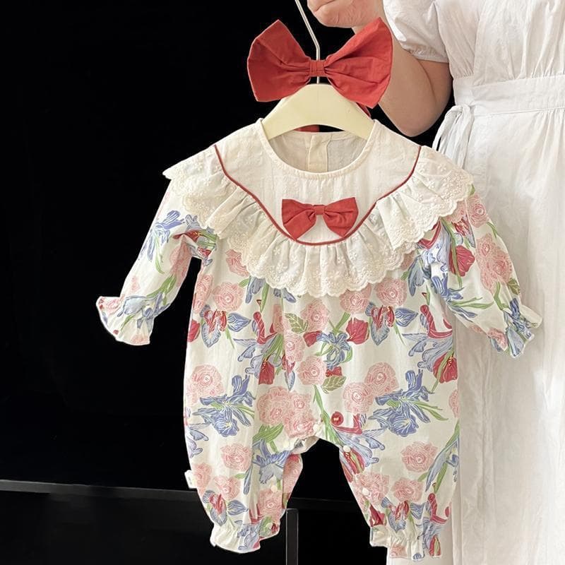 Newborn Baby Clothes Spring Autumn Sweet Bow Floral Print Romper Crawl Suit Fashionable Baby Bodysuit Spring