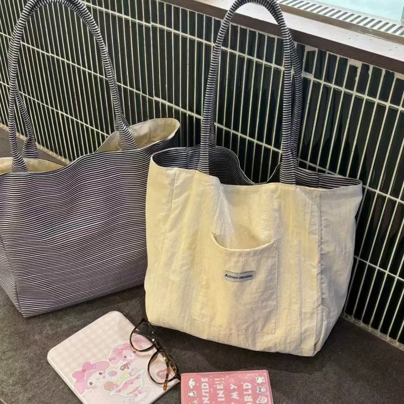 Korean-style Ins Striped Reversible Tote Bag for Women, Large Capacity, Fashionable, Artistic, Casual, Versatile Commuter Shoulder Bag