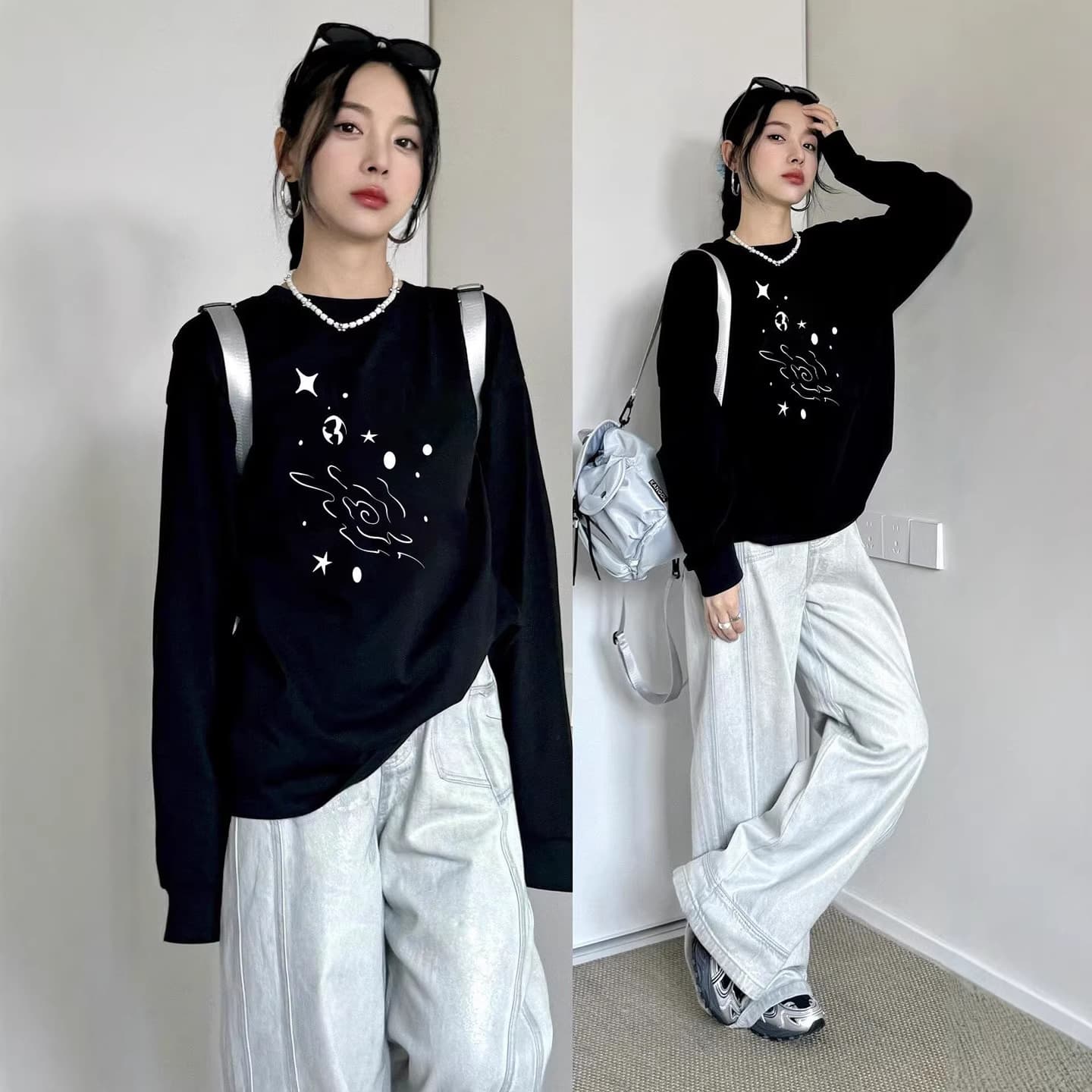 Plus Size Women's Cotton Long Sleeve Crew Neck T-Shirt Black Layering American Casual Chic Early Fall Solid Top