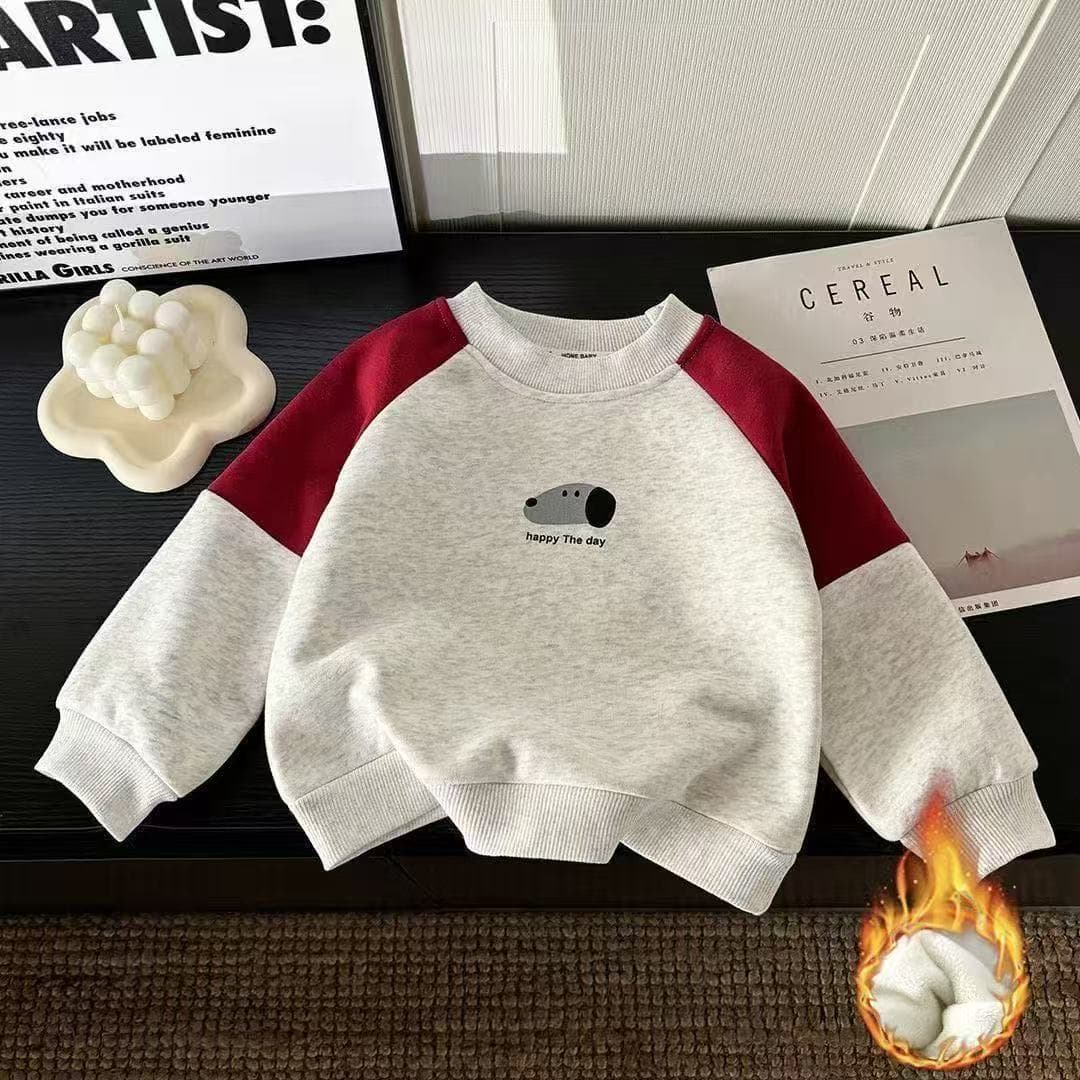 2026 Autumn and Winter New Children's Thickened Sweaters with Velvet Bottoming for Boys and Girls in Contrasting Colors, Western Style and Versatile Baby Round Neck