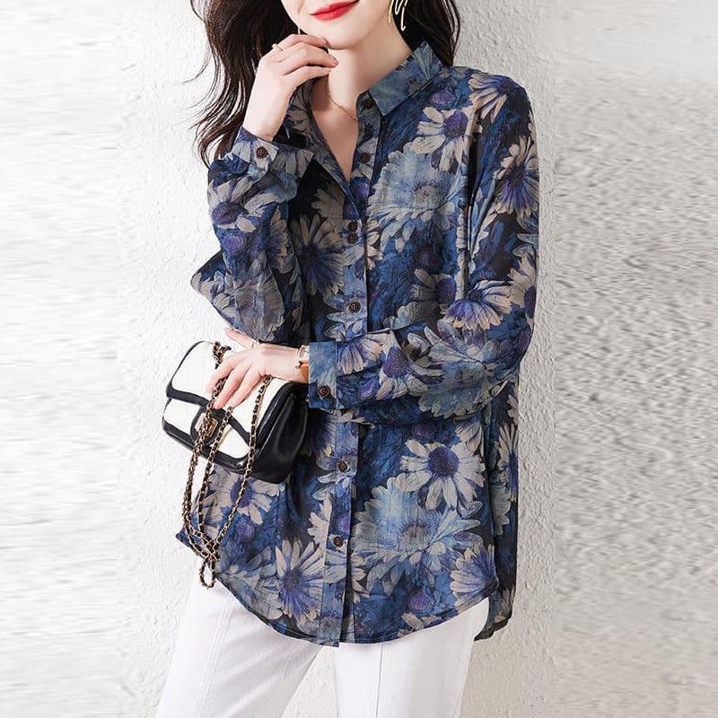 Long-sleeve printed cardigan shirt 2024 spring/fall fashion loose fit slimming youthful stylish top office wear