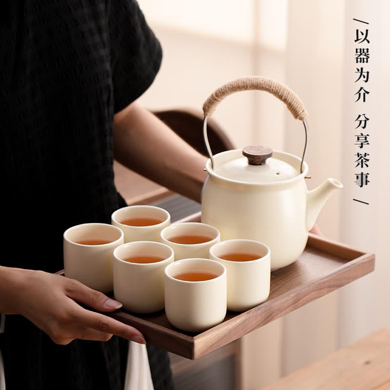 North American Walnut Ceramic Water Set with Heat-Resistant Hanging Pot, Cups, and Cold Water Pitcher for Home Living Room Use