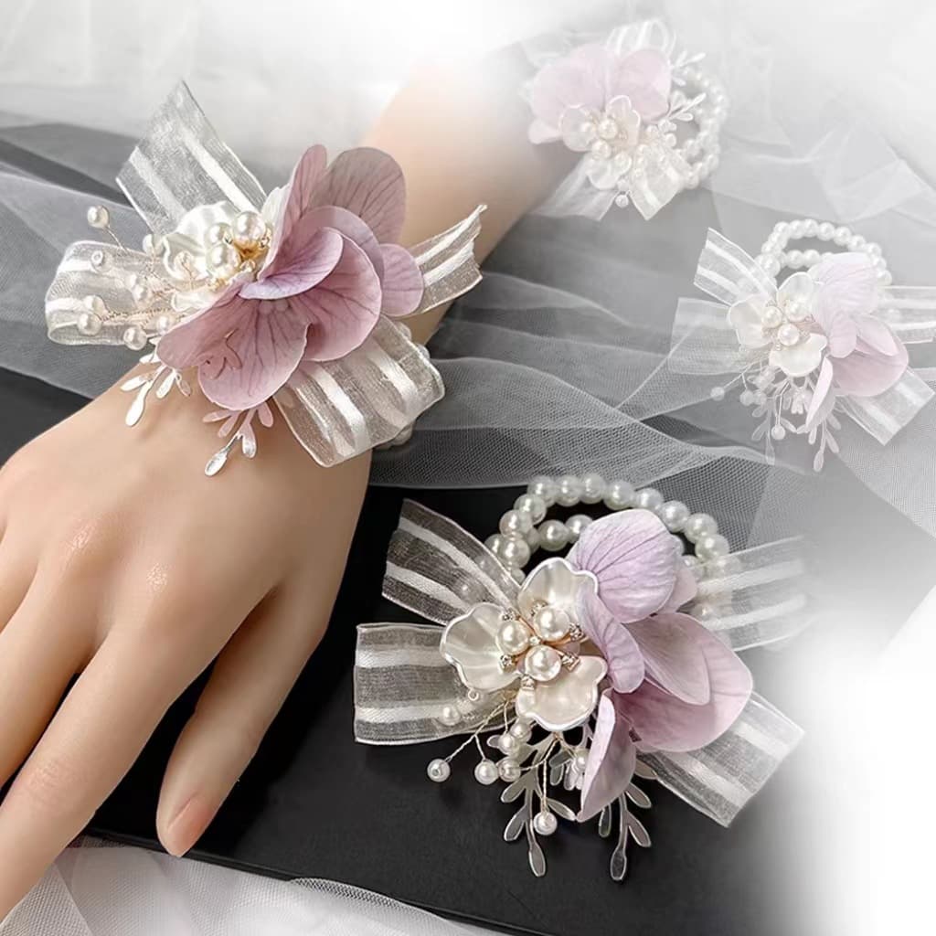 Wedding wrist corsages, bridesmaid favors, beautiful best friend bracelets, pink and purple high-end bridal bouquets for bridesmaids.