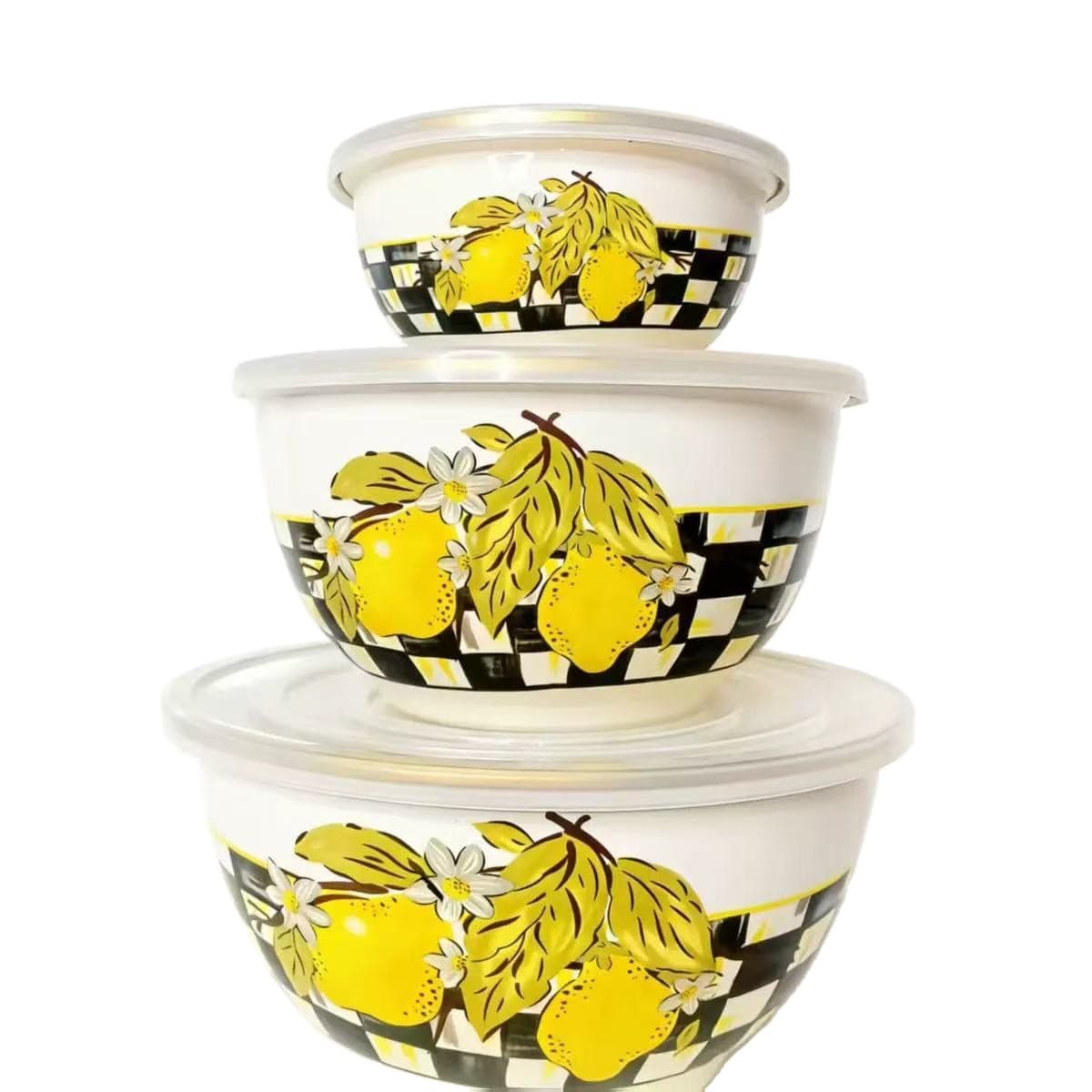 Enameled Porcelain Fresh-Keeping Bowl Set of 3 with Lids, Thickened Refrigerator Storage Containers, Salad Bowls