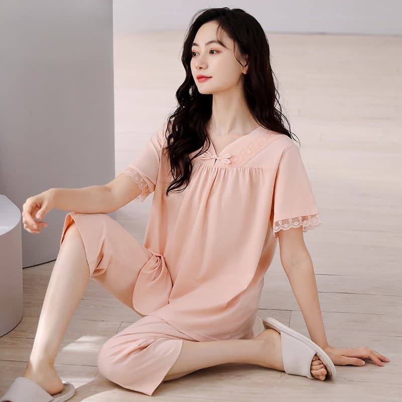 Women's Pajamas Summer Short Sleeve Capri Pants Thin Princess Style New V-Neck Home Wear Can Be Worn Outside
