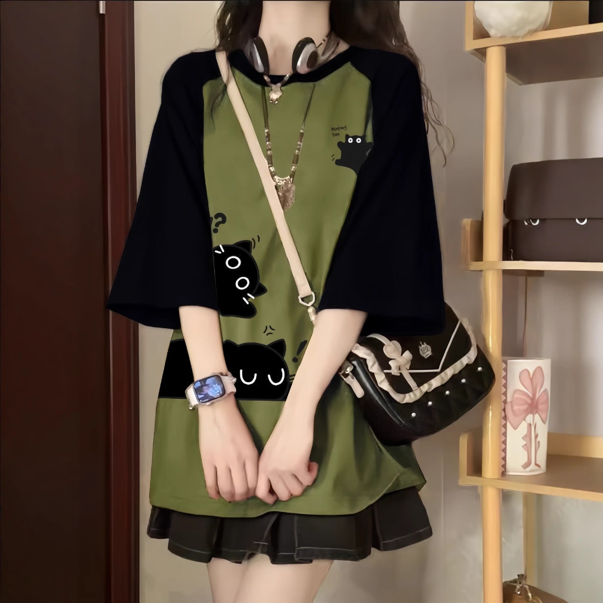 Color-block raglan short-sleeve T-shirt for girls and teens, 2025 new trendy loose half-sleeve top for middle and high school students