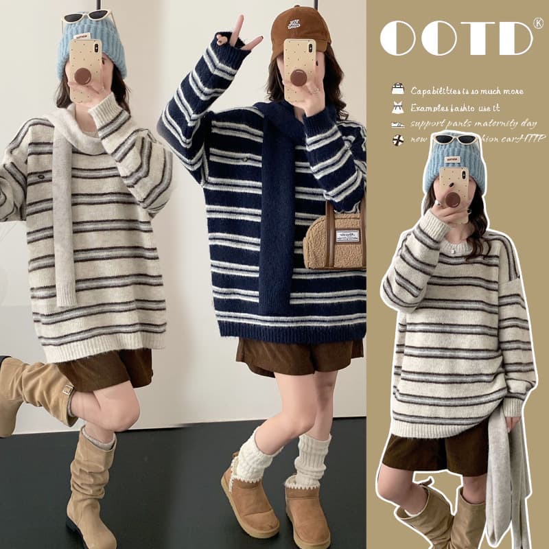 In Stock 2025 Maternity Wear Autumn/Winter Korean Style Casual Striped Loose Slim Mid-Length Maternity Knitwear + Scarf