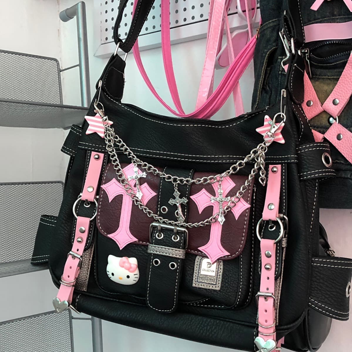 Original Niche Y2k Spicy Girl Handbag Color Blocking Leather Shoulder Bag Kitty Cat Pink Collision Fashion Women's Crossbody Bag