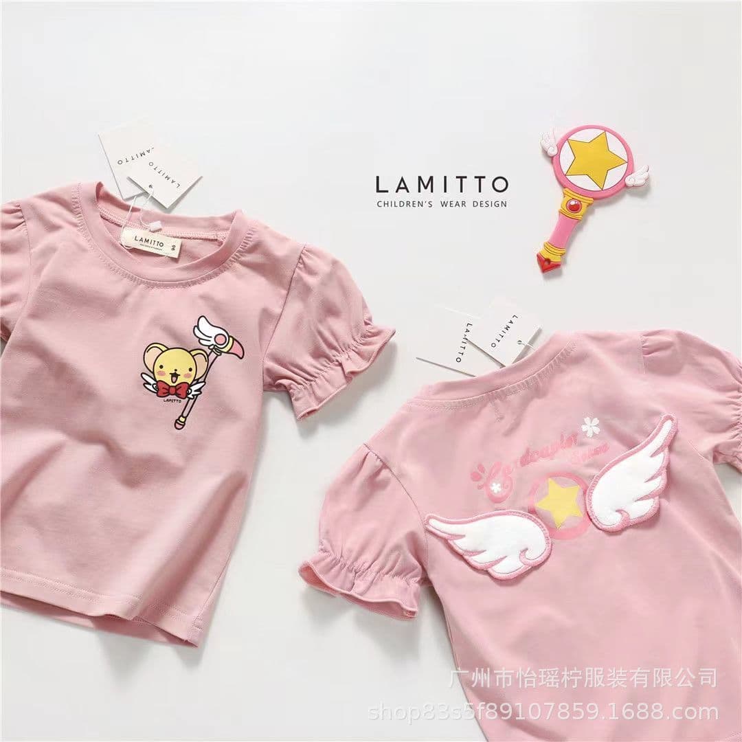 2026 Girls Short Sleeve T-Shirt Summer New Fashion Versatile Cartoon 3D Wings Top for Toddlers and Kids Round Neck Trendy
