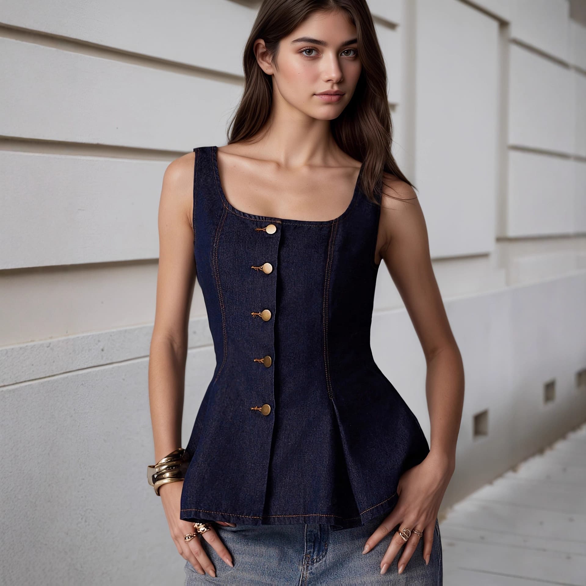 Amazon Export European and American Style Women's Fashion Vest with Gold Button Trim, Cotton-Polyester Denim-Like Vest