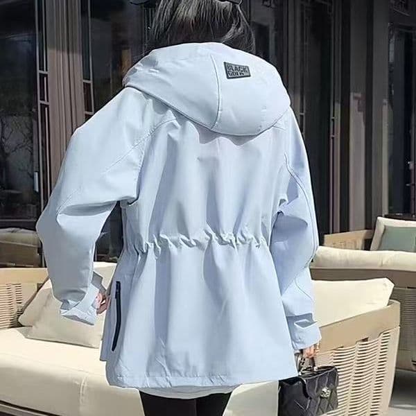 New Spring/Autumn Women's Popular Hooded Windbreaker Jacket with Drawstring Waist, Trendy Top