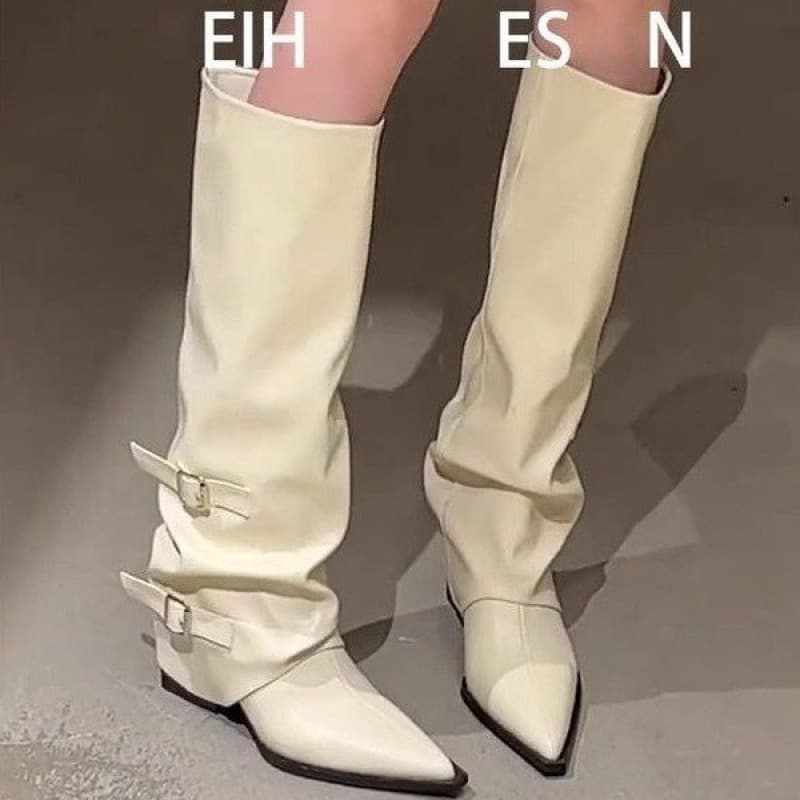 Sheepskin Version! Hot Girl Chunky Heel Boots for Women, Pointed Toe High Tube Long Boots with Belt Buckle, Over-the-Knee Slim Fit Rider Boots