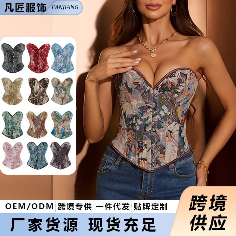 Cross-border Hot Corset Top Monet Oil Painting Vintage Fishbone Corset Tight Push-up Court Shape Top