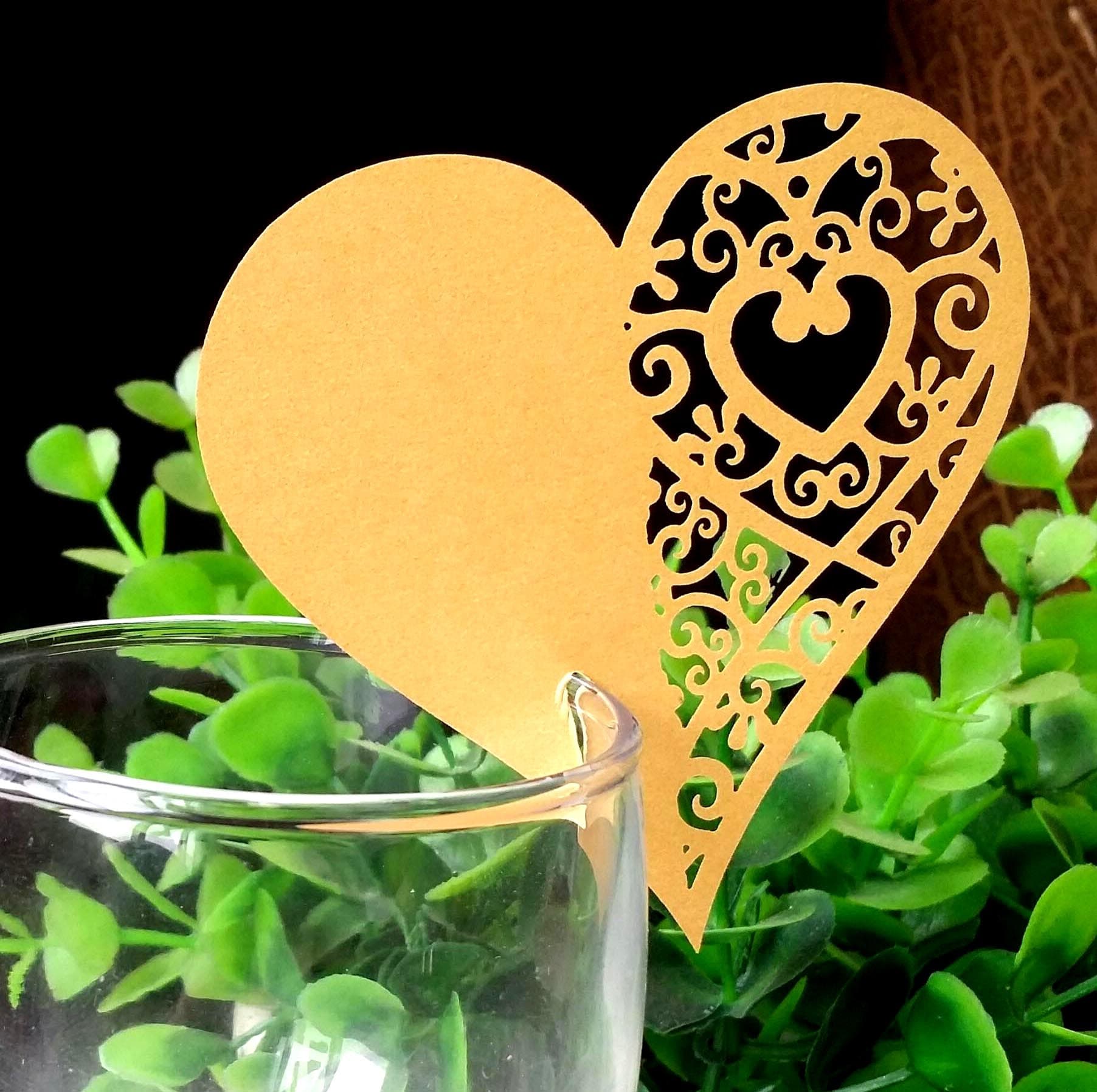 Amazon Heart Cut-out Cup Card Gold Pearl Paper Table Card Personalized Wine Glass Decoration Paper Insert Card Wholesale