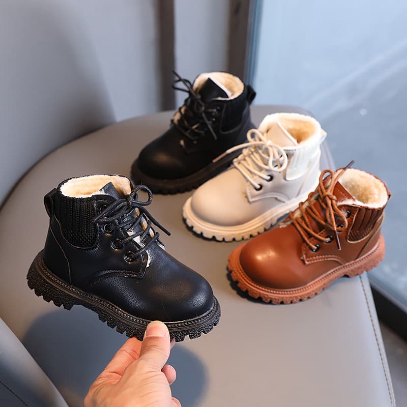 2021 Children's Winter Solid Color Fleece-Lined Ankle Boots Boys' Fashion Martin Boots Girls' Soft Sole Boots Big Cotton Leather Boots