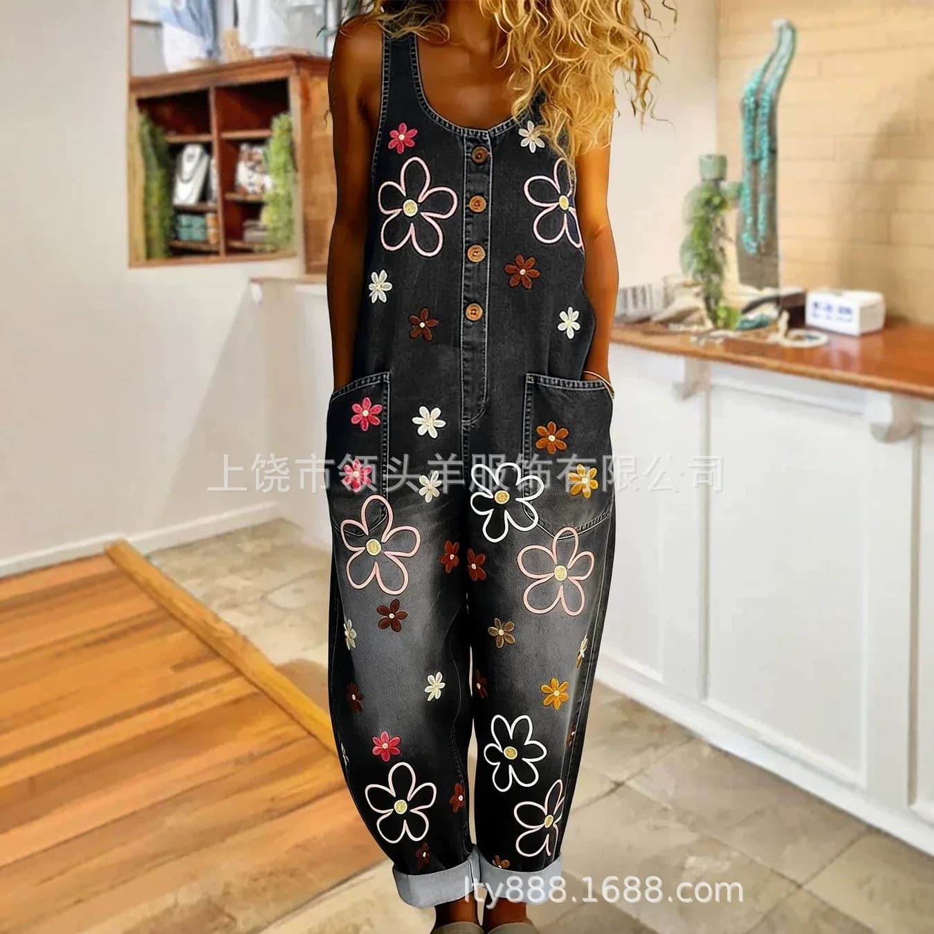 European and American Style Floral Print Denim Overalls Loose Casual Sleeveless Jumpsuit Wholesale Women's Clothing for Export