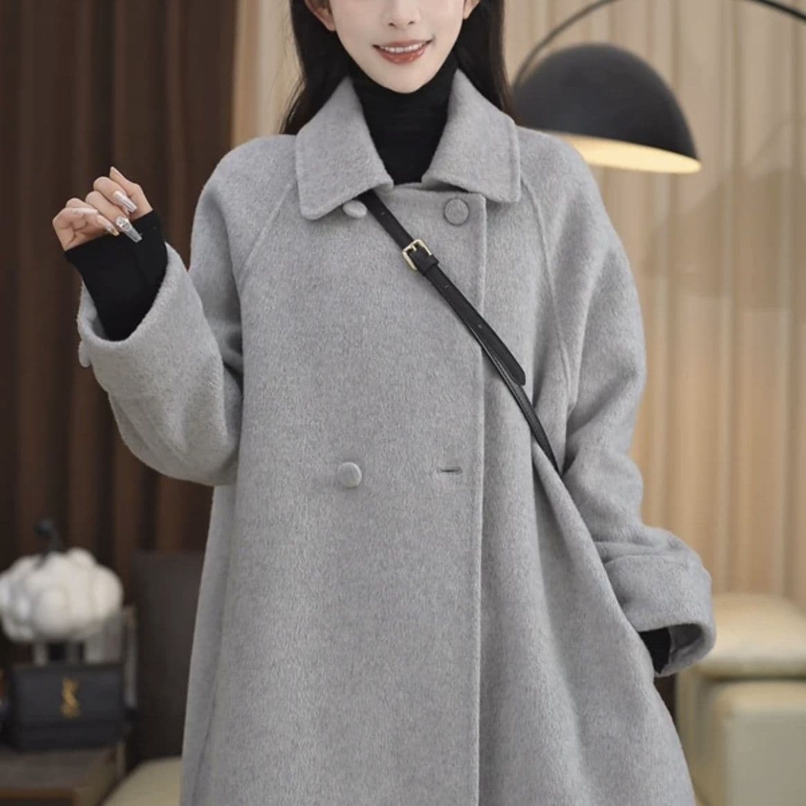 Cross-border 2025 Korean Slimming Mid-Length Coat for Petite Women, Loose Fit, Long Wool Outerwear for Autumn and Winter, Elegant