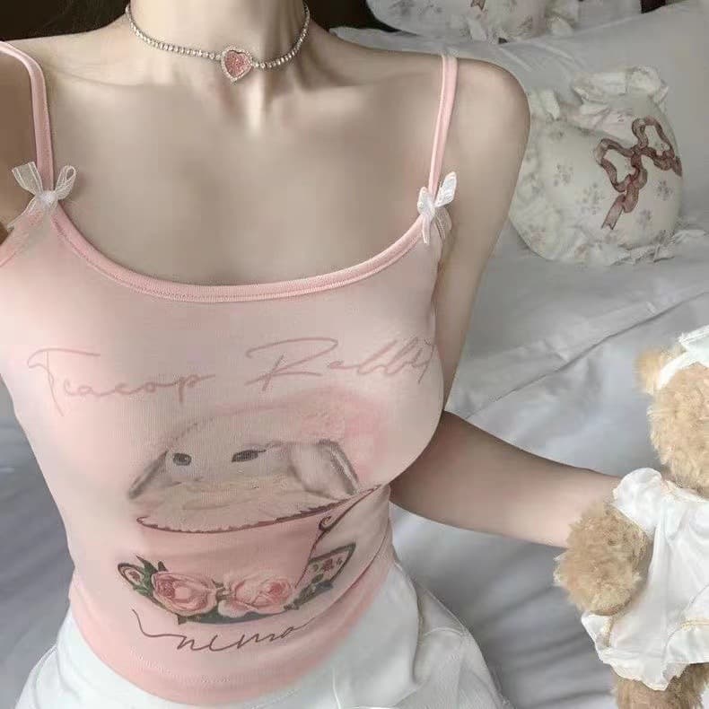 Pure and Sweet Style Camisole Tank Top for Women, Trendy Spicy Girl Short Top with Cartoon Print, Built-in Pads, Backless Innerwear