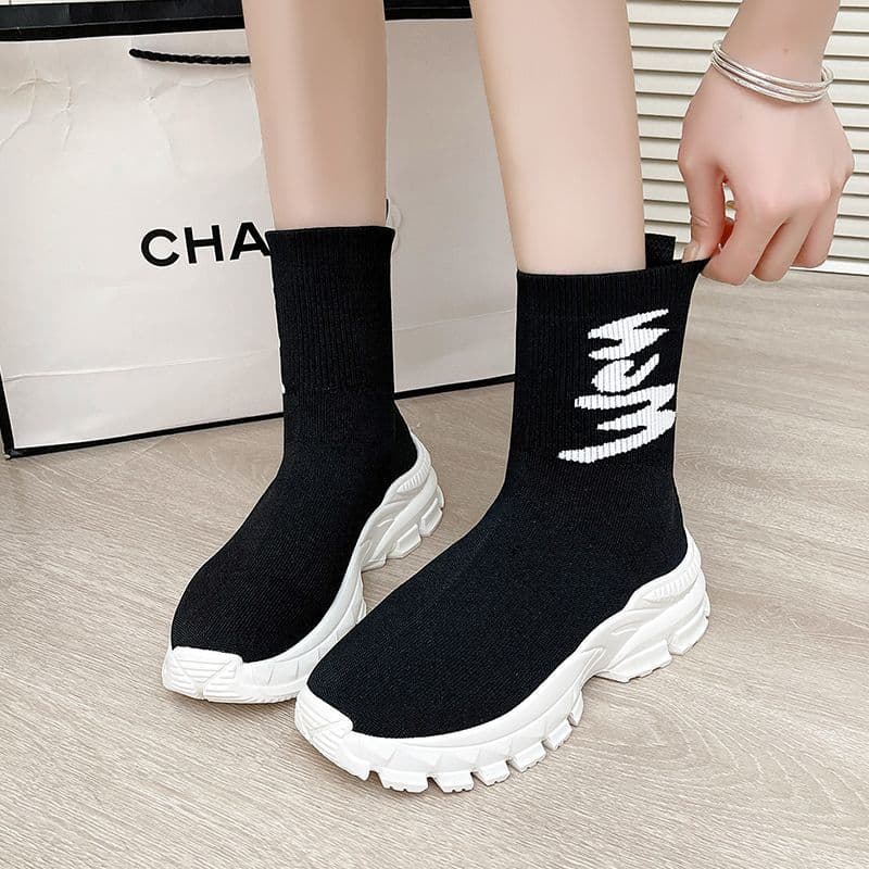 Elastic Socks Shoes Women's High-Top Shoes Spring and Autumn New Korean Style Letter Fly Woven Socks Boots Thick-Soled Casual Sports Shoes