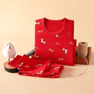 New Year Red Cartoon Bear Seamless Lycra Cotton Children's Thermal Underwear Pajama Set