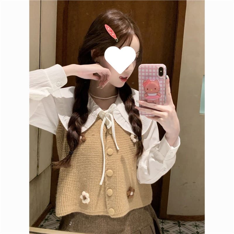 2024 Autumn New Arrival Sweet and Youthful Three-Dimensional Floral Knitted Vest + Peter Pan Collar Long-Sleeved Shirt Two-Piece Set for Women