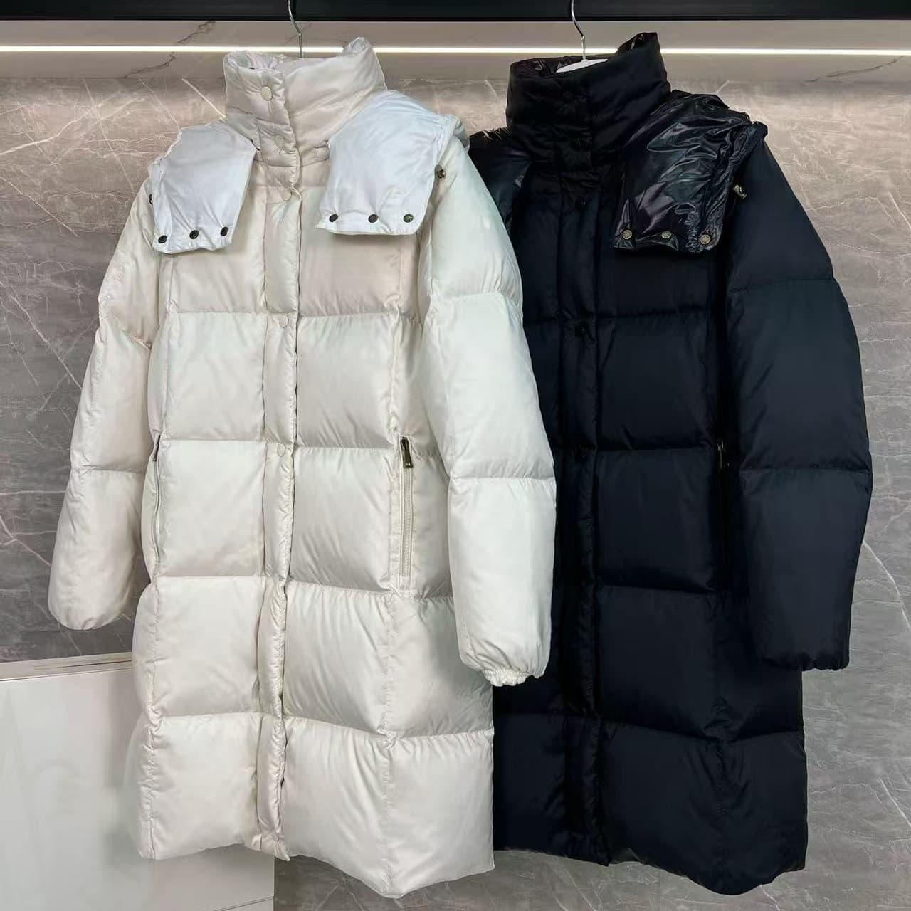 M Moncler Long Black and White Style White Duck Down Jacket, Warm, Waist-Tightening, Lightweight, Short, Autumn/Winter Hooded Down Coat