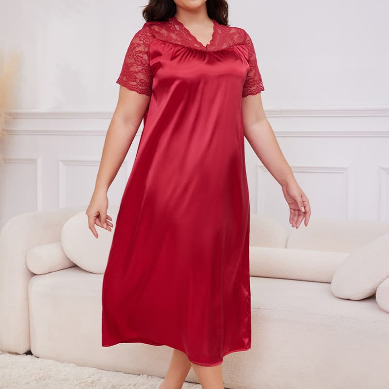 Plus Size Ice Silk Long Sleeve Sleepwear Ladies Spring Summer Loose Home Clothes V Neck Short Sleeve Comfortable Casual Dress