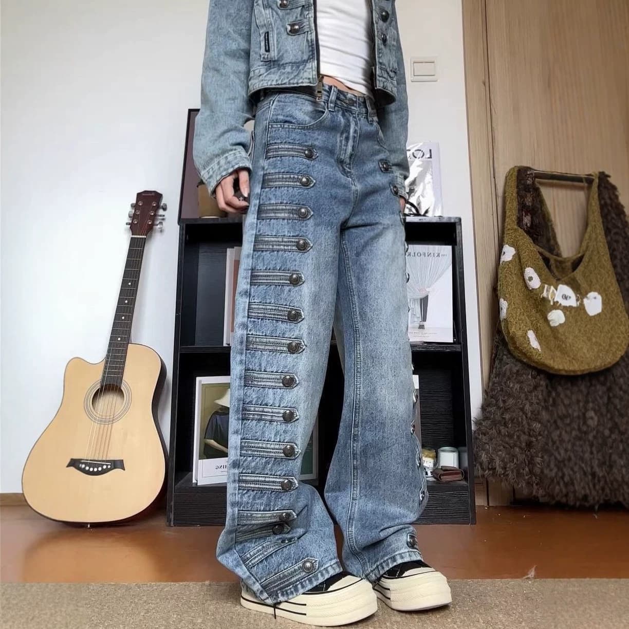 American Vintage Plus Size Washed Palace Metal Button Jeans for Women Street Straight Loose Wide Leg Pants