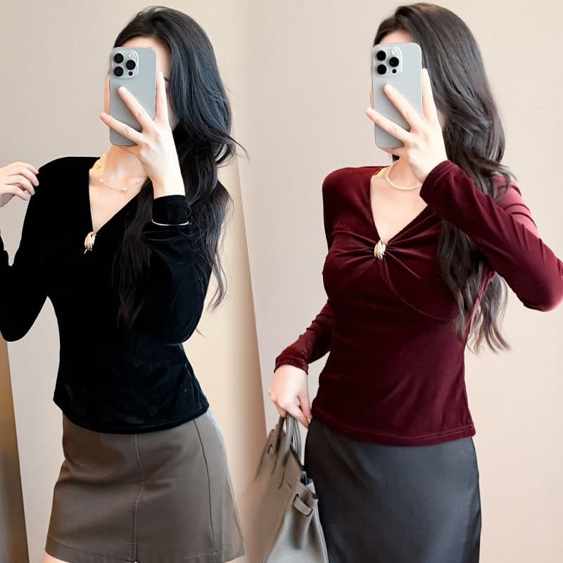 Southeast Asia New Fall/Winter V-Neck Long-Sleeve Mesh Velvet Patchwork T-Shirt for Women, Fashionable Slim Fit Base Layer Top, Trendy Wholesale