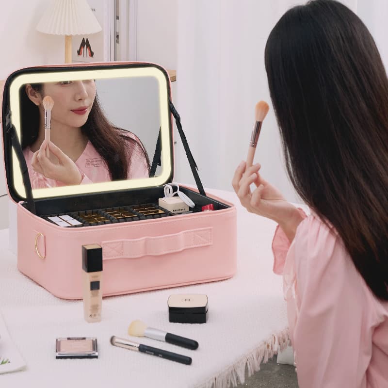 LED Lighted Makeup Case with Mirror, Battery-Powered Large Capacity Cosmetic Organizer Storage Box, Multifunctional