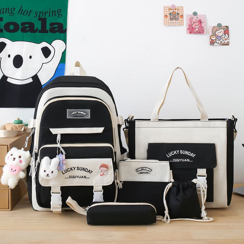 Cross-border Hot-selling Elementary School Backpack for Girls Large Capacity Middle School Student Shoulder Bag New Casual Backpack 5-Piece Set Wholesale