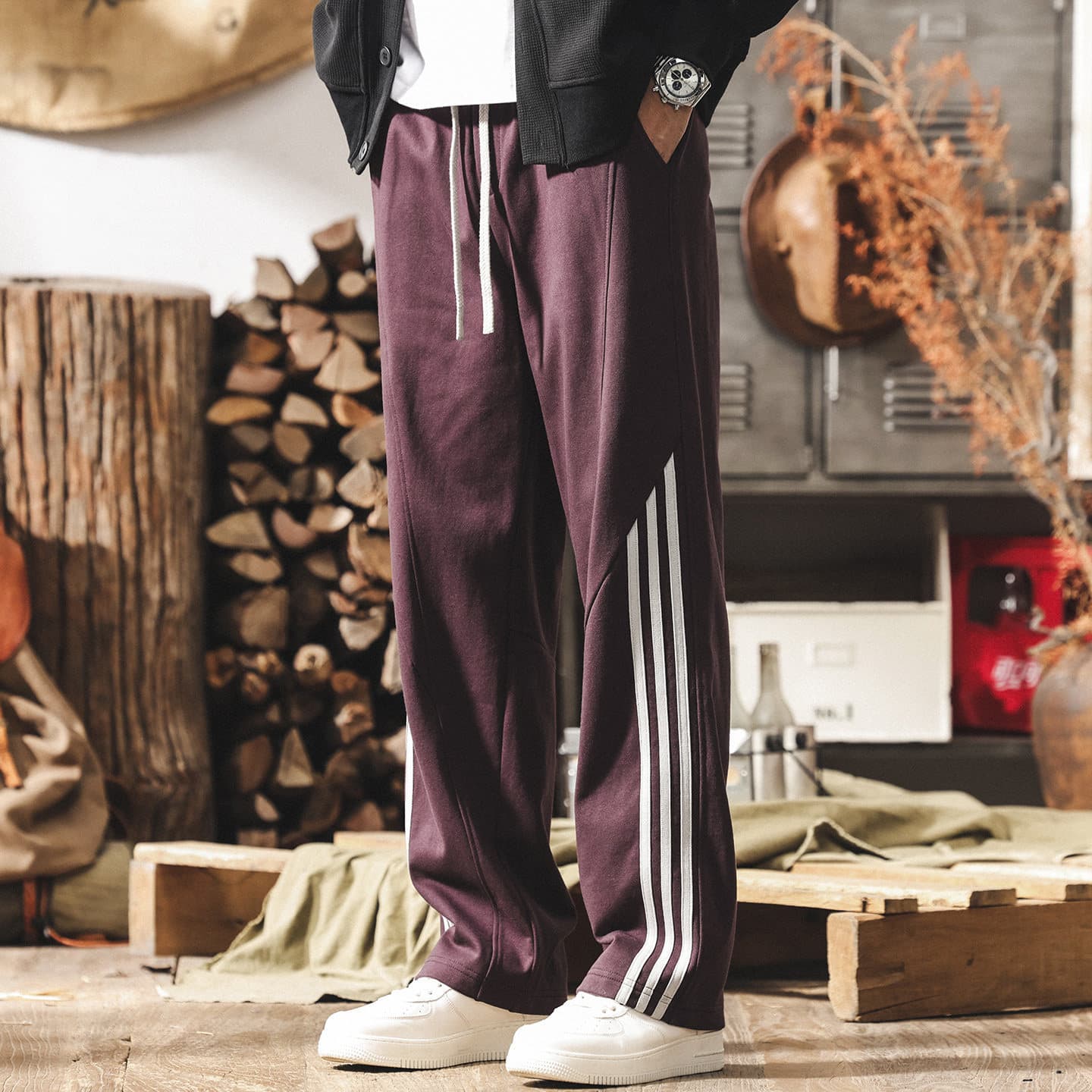 American Retro Striped Sports Thick Cotton Pants for Men, Spring Trendy New Straight-Leg Men's Pants, Loose Casual Style