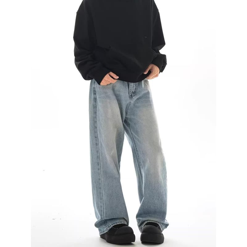 American Vibe Basic Versatile Washed Light Wide-Leg Jeans for Men Retro Ins Loose Straight Casual Long Pants
