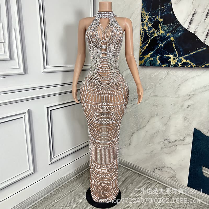 Silver Nude Chain Pearl Birthday Banquet Socialite Light Luxury Dress Wedding Emcee Outfit Concert Evening Gown
