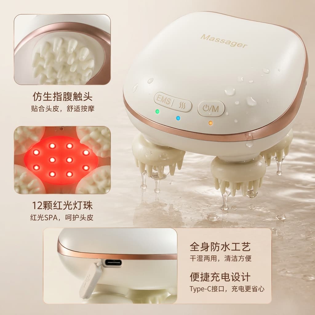Cross-Border Head Massager Waterproof Red Light Heat Kneading Scalp Massage Claw EMS Microcurrent Head Massager