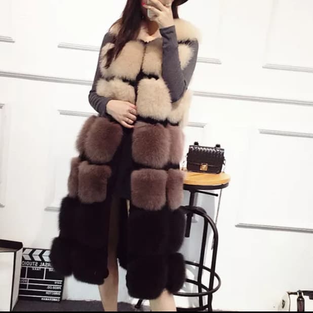 2024 Cross-border Faux Fox Fur Vest Women's Autumn/Winter Long Multi-color Patchwork Fashion Vest Women's Warm