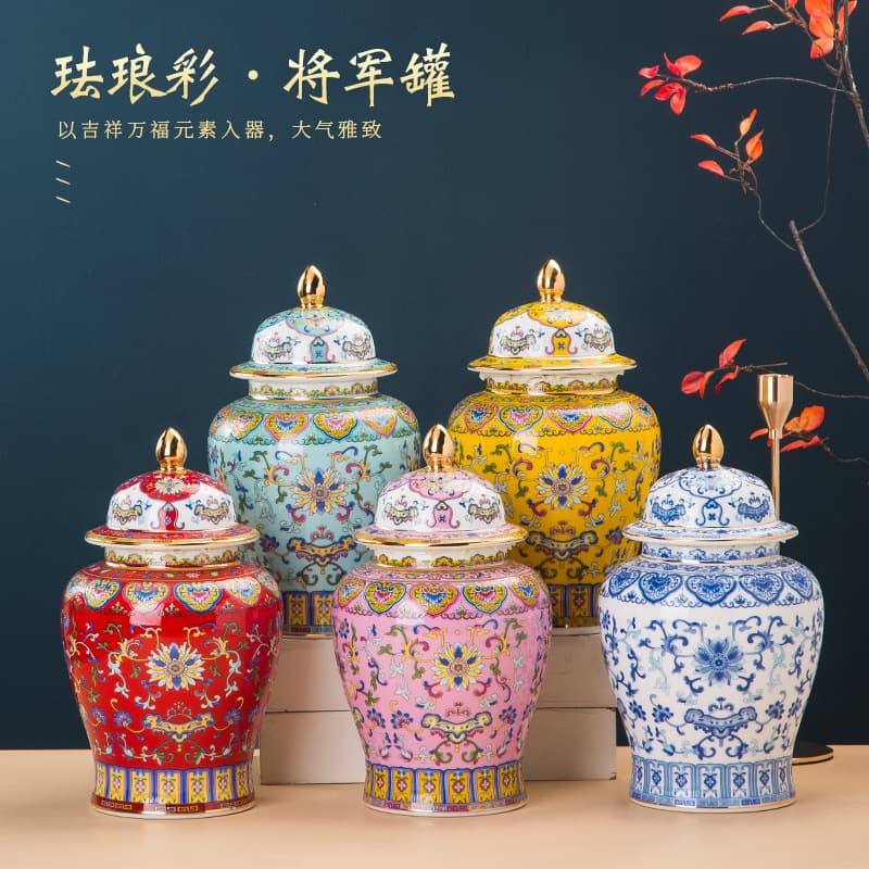 Chinese-Style Retro Light Luxury Enamel Lotus-Patterned General Jar, Large and Small Sizes, for Storing Tea and Candy, Suitable for Gift-Giving